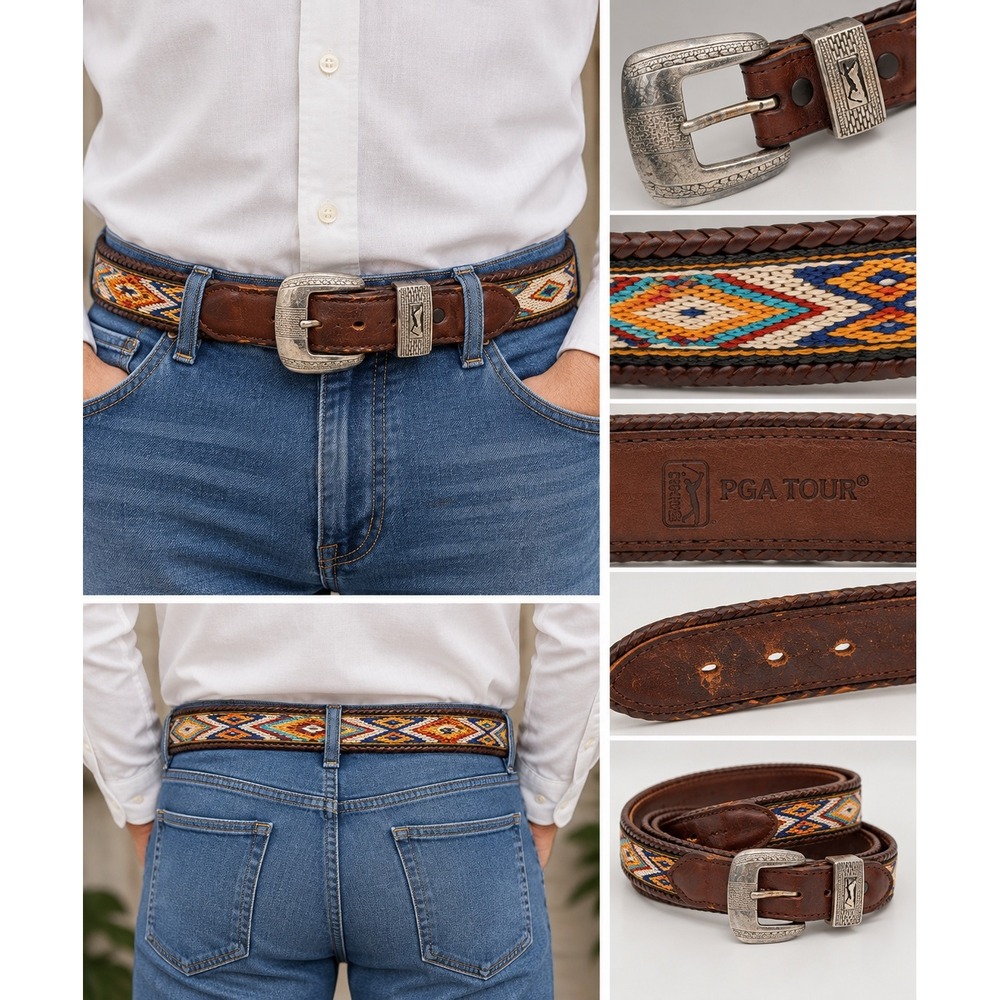 PGA Tour Size 36 Leather Belt Brown Woven Southwestern Golf Cowboy Heritage
